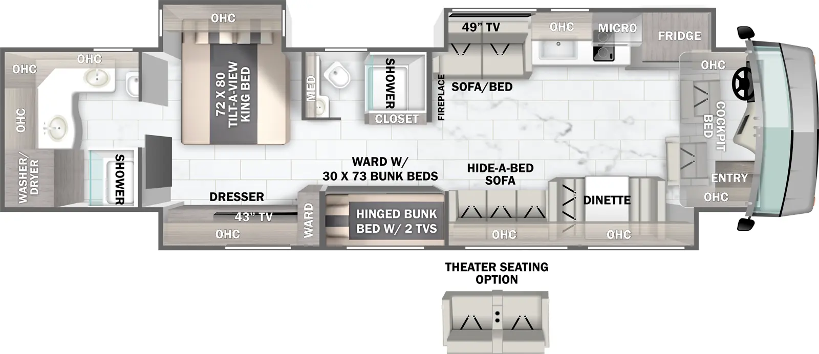 The 45CA has three slideout and one entry. Interior layout front to back: cockpit with entry, overhead cabinets, and cockpit bed; off-door side slideout with refrigerator, microwave over cooktop, kitchen counter with sink, overhead cabinet, sofa and TV; door side slideout with dinette, overhead cabients, hide-a-bed sofa, wardrobe with hinged bunks and two TVs, and bedroom wardrobe, dresser, overhead cabinet, and TV; off-door side fireplace along inner wall, closet, and full bathroom with medicine cabinet; off-door side slideout with tilt-a-view king bed and overhead cabinet; rear full bathroom with two sinks, overhead cabinets and linen closet. Optional theater seating available in place of hide-a-bed sofa.